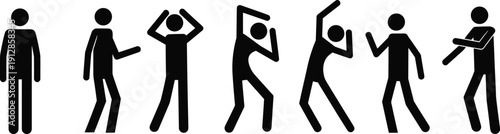 Stick figure people icons set, dancing man, expressive poses, person standing, walking, celebrating, reaching up, moving, black silhouette vector graphics,