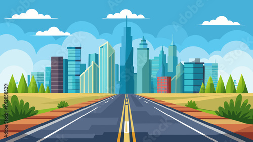 Modern cityscape with a vibrant highway stretching into the horizon under a bright sky Vector