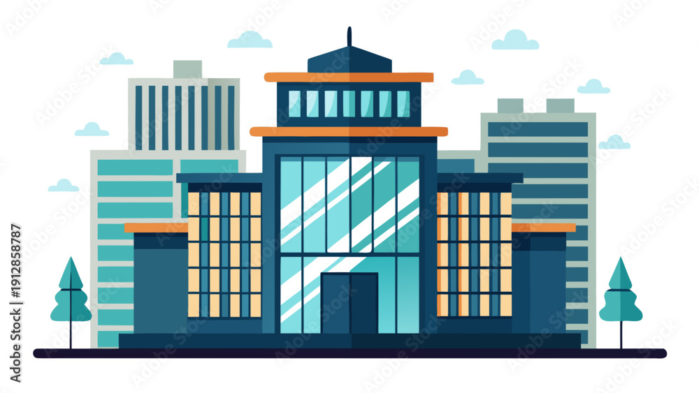 Obraz premium Modern architectural building with blue and white color scheme under clear sky Vector