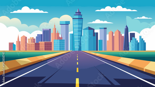 A futuristic cityscape with a highway stretching into the horizon under a clear sky Vector