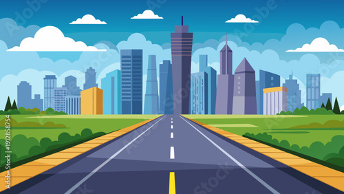 A futuristic cityscape with a smooth highway stretching towards the horizon under a clear sky Vector