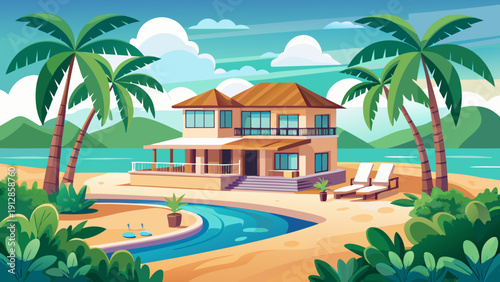Tropical resort villa by the poolside with palm trees under a bright sky Vector
