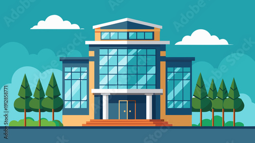 Modern glass building surrounded by lush greenery under a clear sky Vector