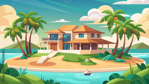 Tropical beachfront house with vibrant palm trees and clear blue skies Vector