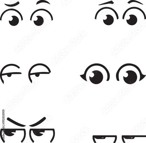 Cartoon eye expressions set with different emotions and funny character features for comic design and mascot creation showing various moods from happy to bored with bold black lines and white space