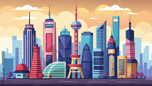 Vibrant skyline of futuristic cityscape under colorful sunset skies Vector