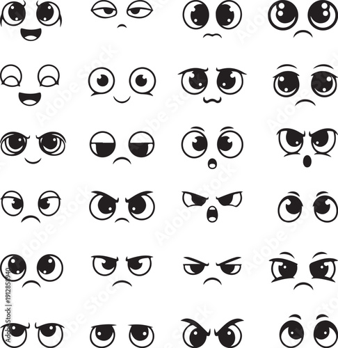 Big set of expressive cartoon eyes and faces including various moods like anger shock happiness and sadness for professional character design and creative digital illustration projects for designers