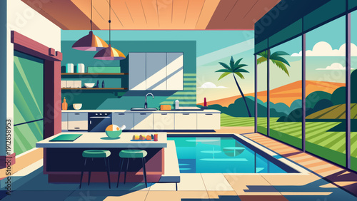 A whimsical indoor pool area with vibrant colors and playful decor elements. Vector