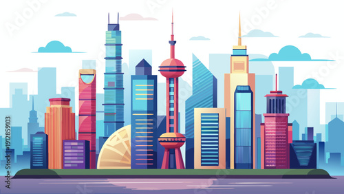 Colorful skyline of futuristic buildings under a bright blue sky with modern architecture designs Vector