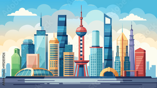 A vibrant illustration of a futuristic city skyline with diverse architecture. Vector