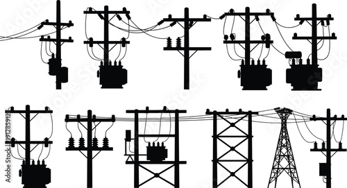 Silhouettes of electrical utility poles and transmission towers with transformers and insulators representing power distribution and grid infrastructure design