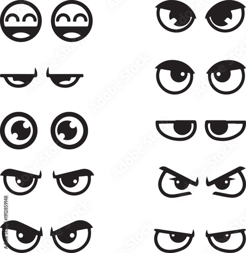 Cartoon eye set vector illustration featuring angry eyes, happy eyes, and various other emotional expressions, animation character eyes isolated on transparent background for diverse designs