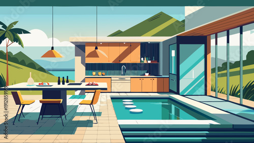 Modern mid-century home with a vibrant poolside and tropical garden view Vector