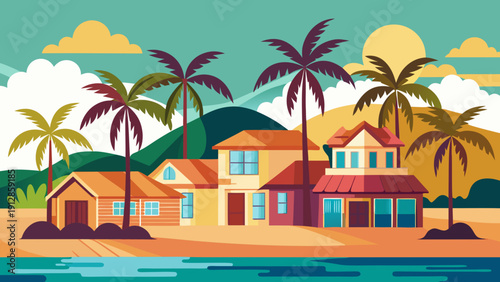 Vibrant tropical house by the serene palm-lined beachfront with clear skies Vector