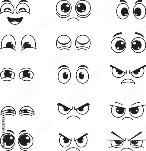 Large collection of cartoon faces and eyes with diverse emotional states and expressive features for character design and comic art showing anger sadness joy and surprise in simple black line style