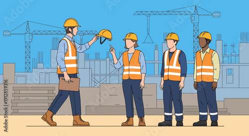 Construction workers in hard hats and vests on a building site with cranes