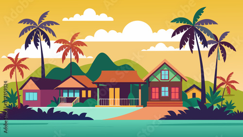 Tropical beach house with vibrant sunset and palm trees along the shore Vector