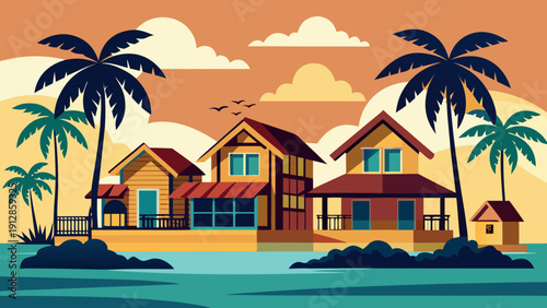 Tropical resort with palm trees and vibrant beachfront buildings under a sunset sky Vector