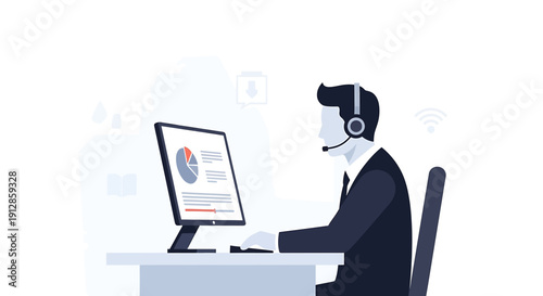 Customer Service Agent with Headset Working on Computer with Charts