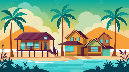 Tropical beachside resort with colorful buildings and palm trees along the shore Vector