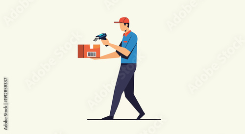 Delivery man scanning package with barcode scanner, logistics and shipping concept