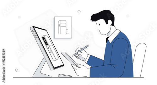 Designer creating digital product on computer with stylus and tablet