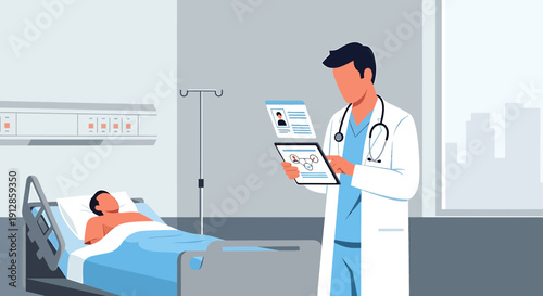 Doctor with Tablet in Hospital Room Next to Patient, Medical Technology