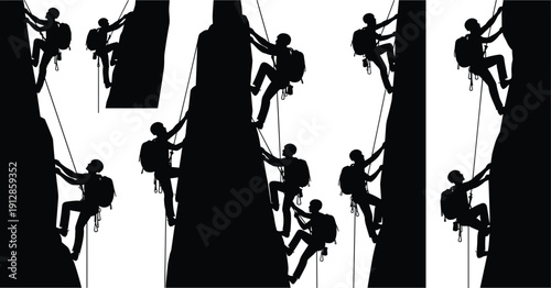 Silhouettes of rock climbers ascending vertical surfaces with gear and backpacks, outdoor adventure and extreme sport vector illustration