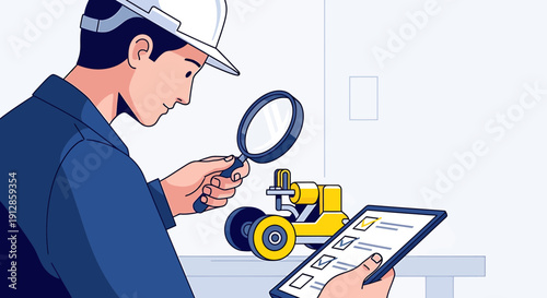 Engineer Inspects Small Machine with Magnifying Glass and Tablet