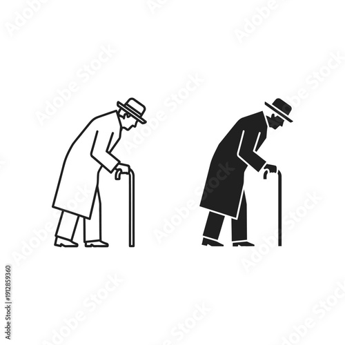 Two elderly individuals using walking canes in a monochromatic illustration
