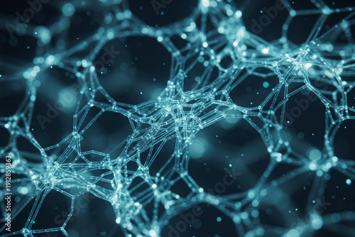 Complex neural network glows with minimalist elegance in a dark abstract scene