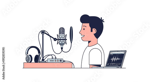 Man recording podcast with microphone, headphones, audio interface, and laptop