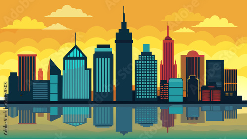 A vibrant city skyline reflected in calm waters under a sunset sky Vector