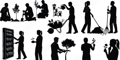 Silhouettes of people performing diverse gardening tasks with tools, plants, and wheelbarrow, horticulture and outdoor care illustration