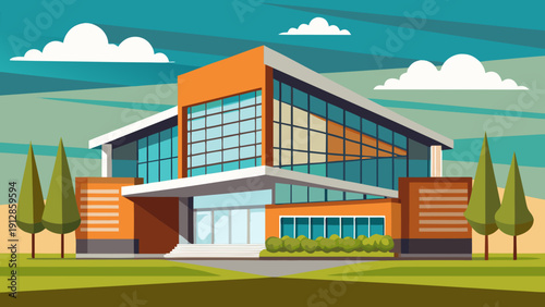 Modern suburban house with vibrant colors and palm trees in sunny weather Vector