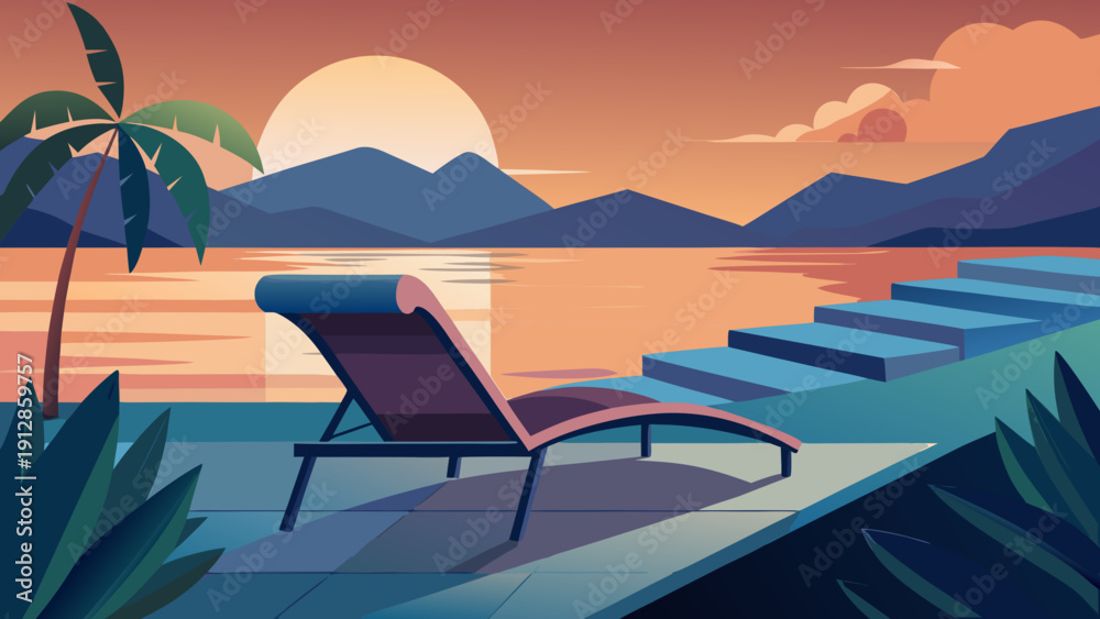 Fototapeta premium Serene sunset relaxation by the tranquil waterside with two deck chairs. Vector