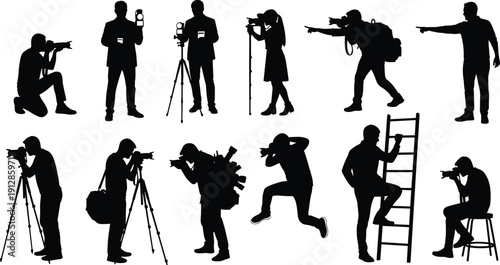 Silhouettes of photographers in diverse action poses with cameras, tripods, and gear representing creativity, direction, and professional photography themes