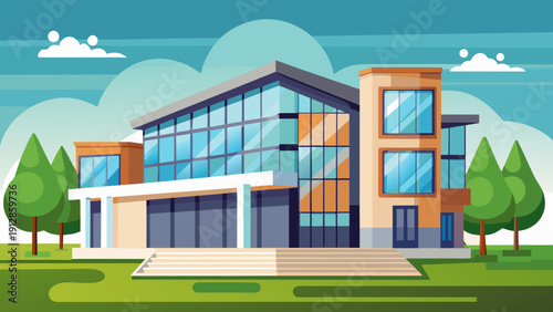 Modern architectural building with clear skies and green surroundings in a vibrant illustration Vector