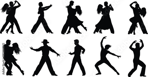 Silhouettes of dancers in ballroom, Latin, and solo expressive poses representing movement, coordination, and artistry for performance and cultural themes