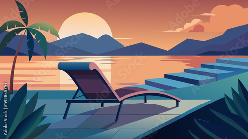Serene sunset relaxation by the tranquil waterside with two deck chairs. Vector