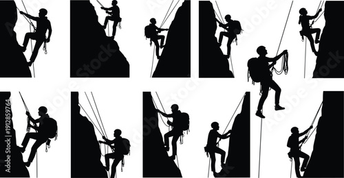 Silhouettes of rock climbers in climbing and rappelling positions with gear representing adventure, safety, and technique for outdoor sports and training themesSilhouettes of rock