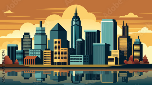 Vibrant cityscape under a warm sunset sky with modern skyscrapers and waterfront. Vector
