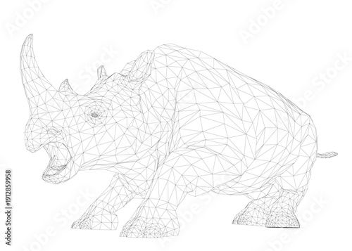 A geometric wireframe rhinoceros growls aggressively with an open mouth. This black and white illustration on a white background has a unique, eye-catching pattern.