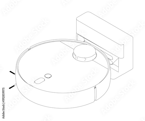 A contour line drawing of a robot vacuum cleaner with a cylindrical body and top handle. The detailed illustration includes a bottom nozzle for cleaning difficult areas.
