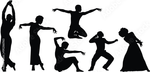 Silhouettes of Dancers in Expressive Poses – Black and White Vector Depicting Motion, Emotion, and Artistic Movement for Dance, Performance, and Creative Design