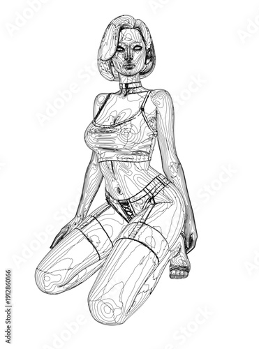 A determined woman sits on the ground in sleek, futuristic underwear, her beautiful contour and intricate outfit details highlighted against a white background.