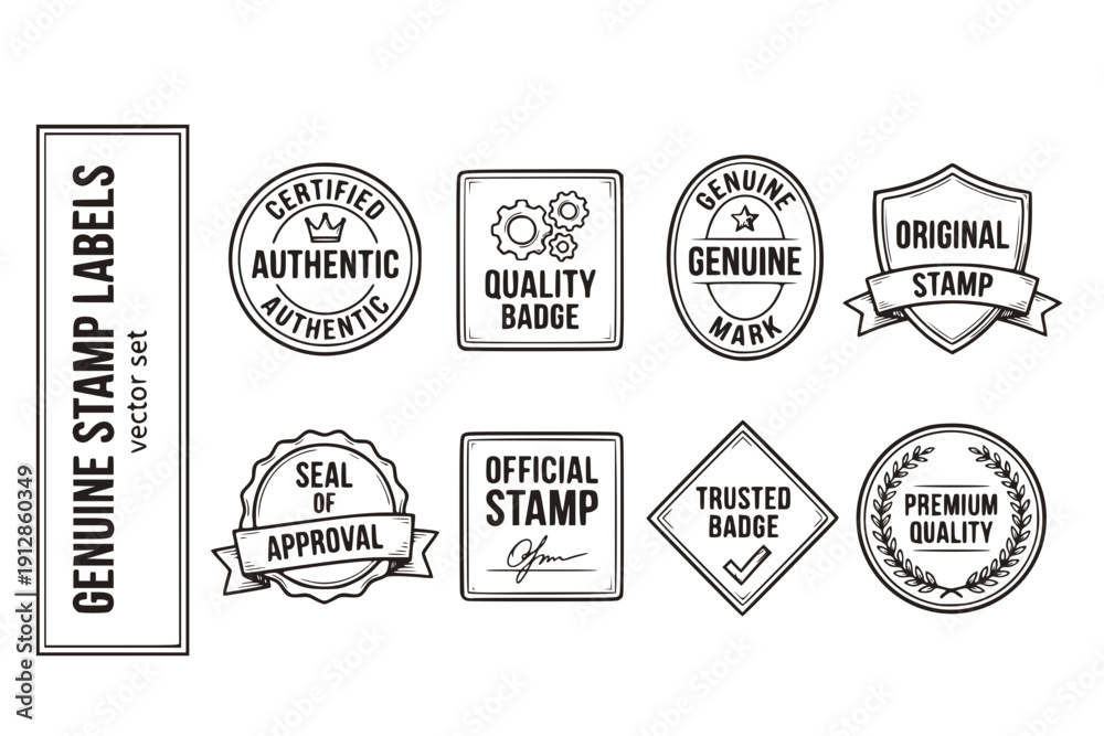 Obraz premium Genuine Stamp Labels Authentic-Stamps Certification-Seals Quality-Badges Genuine-Marks Verified-Stamps Original-Labels Authentic-Seals Certified-Stamps Quality-Labels Vector Set - Authentic Stamps