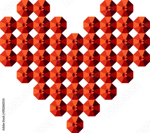 Vector Red Heart Icon Composed of Faceted Octagonal Gemstones Isolated on Transparent Background