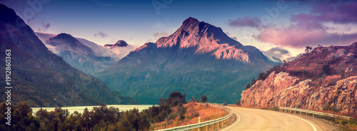 Panel kuchenny z motywem Driving a car on mountain road. Nature Norway. Polar circle. Lofoten islands