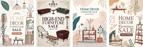 Stylish home decor sale banners with elegant furniture designs and vibrant greenery.
